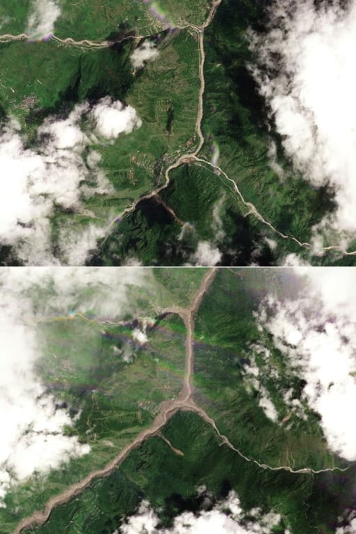 (COMBO) This combination of satellite images by Planet Labs created on August 26, 2026 shows an aerial view of the Shyaphrubesi village and Trishuli River in Rasuwa district of Nepal before the flood on August 23, 2026 (top) and after the flood on August 26, 2026 (bottom)