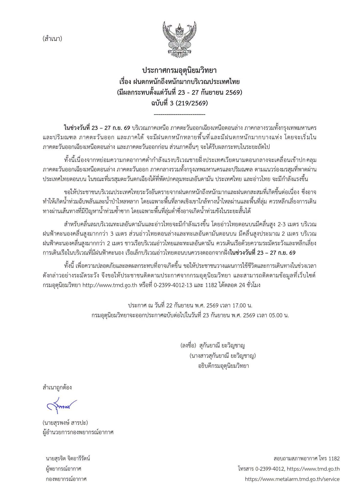 ประกาศกรมอุตุนิยมวิทยา เรื่องฝนตกหนักถึงหนักมากบริเวณประเทศไทย (มีผลกระทบตั้งแต่วันที่ 23 - 27 กันยายน 2569) ฉบับที่ 3 ประกาศ ณ วันที่ 22 กันยายน พ.ศ. 2569 เวลา 17.00 น.